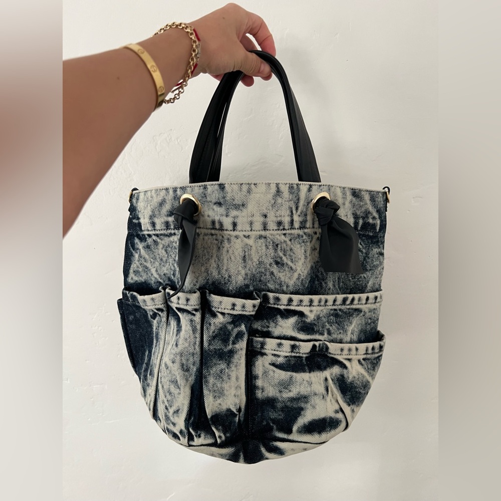 Denim Tote Bag with Black Handles